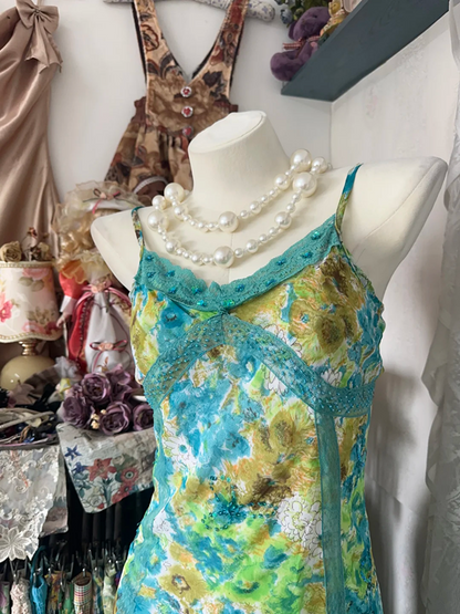 Light green suspender floral waist slim fit cute sexy skirt prom dress R6156