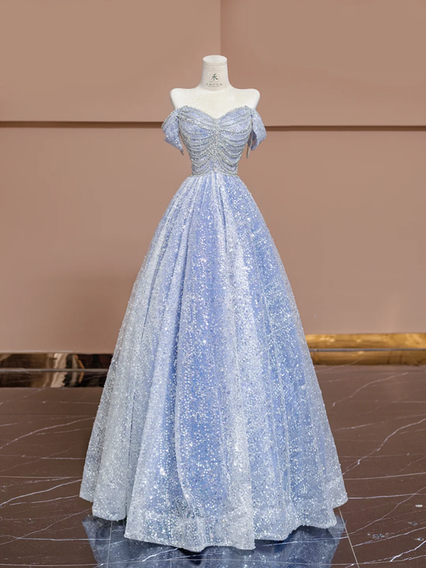 Light blue halter-neck off-the-shoulder fitted long ball gown, bridal dress R8363