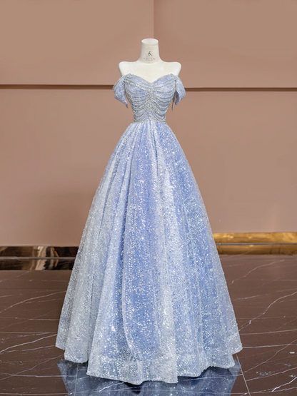 Light blue halter-neck off-the-shoulder fitted long ball gown, bridal dress R8363