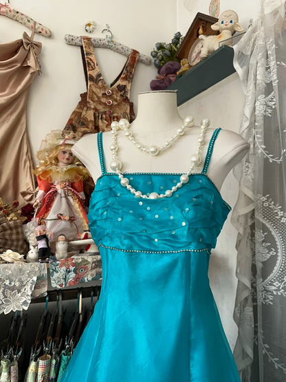 Peacock blue halter-neck, fitted A-line long dress, prom dress R6316