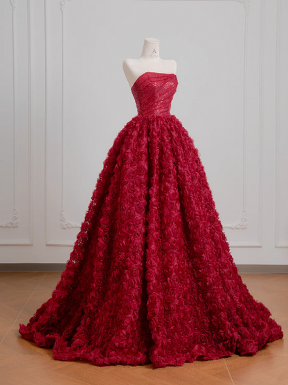 Red strapless, fitted waist, full-skirted, rose-patterned long elegant ball gown/bridal dress R8220