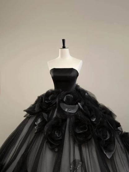 Elegant Black Strapless Floral Quinceanera Dress Evening Ball Gown MD7443