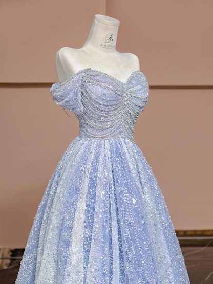 Light blue halter-neck off-the-shoulder fitted long ball gown, bridal dress R8363