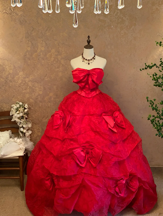 Red Strapless Waist-Cinched Puffball Skirt Floor-Length Ball Gown, Bridal Gown R7361
