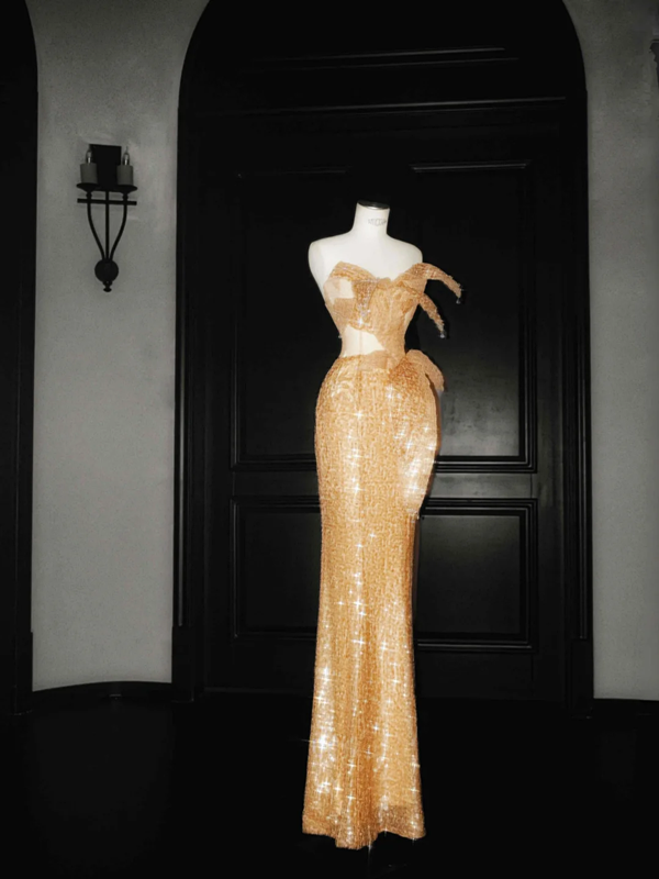 Orange sequined tube top with slim waist and hip-hugging sexy skirt, prom dress R5681
