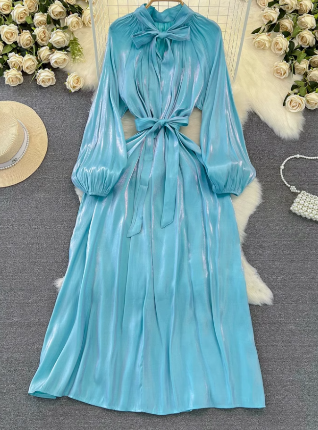 High-class lady temperament long-sleeved bow tie waist slimming A-line shiny sequin dress R0388