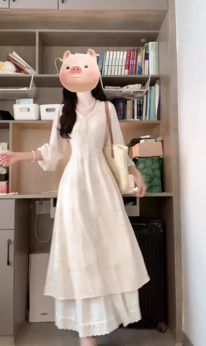 Tea break French style gentle temperament v-neck long-sleeved dress super beautiful waist skirt female R0467