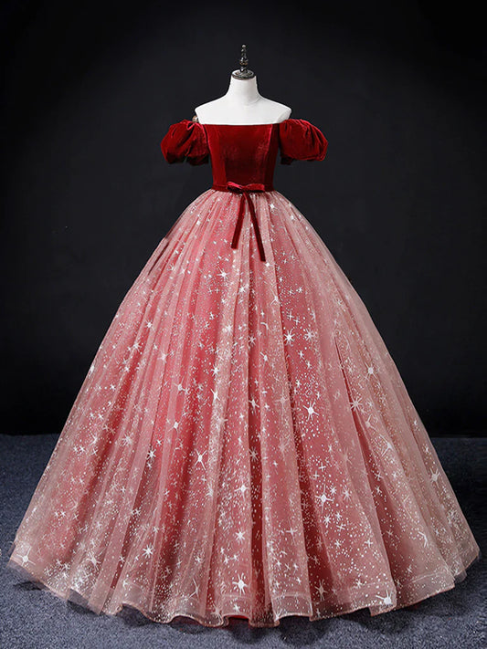 Burgundy/Pink Tulle Velvet Long Prom Dress, Burgundy Formal Dress MD7168
