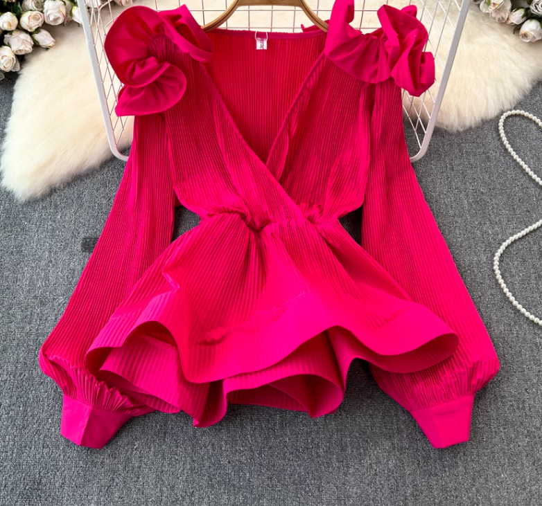 Ruffled waist shirt 2025 niche design three-dimensional petal waist cover meat slim top trend R0390
