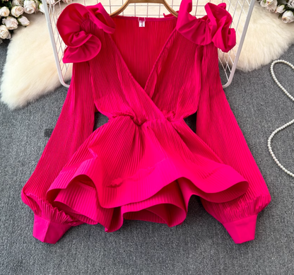 Ruffled waist shirt 2025 niche design three-dimensional petal waist cover meat slim top trend R0390