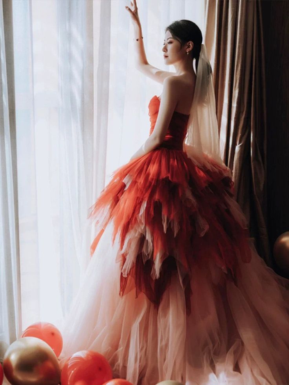 Pretty Ball Gown Red Strapless Tulle Long Party Dress Birthday Outfits SP1004