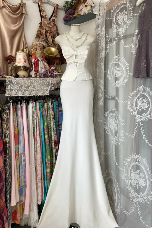 Elegant Strapless Satin Mermaid White Prom Dress Party Gown