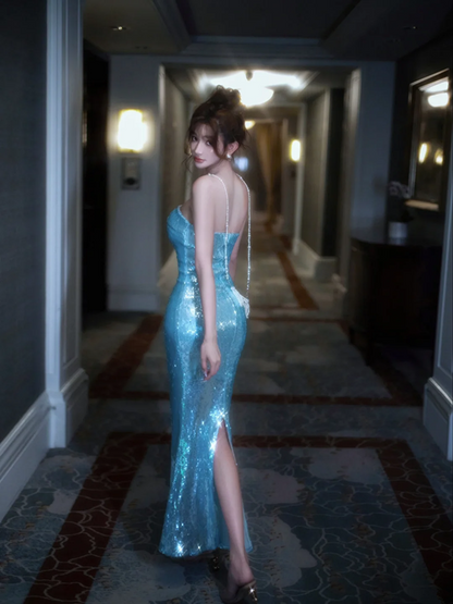 Light blue strapless sequined fitted waist bodycon sexy ball gown R7076