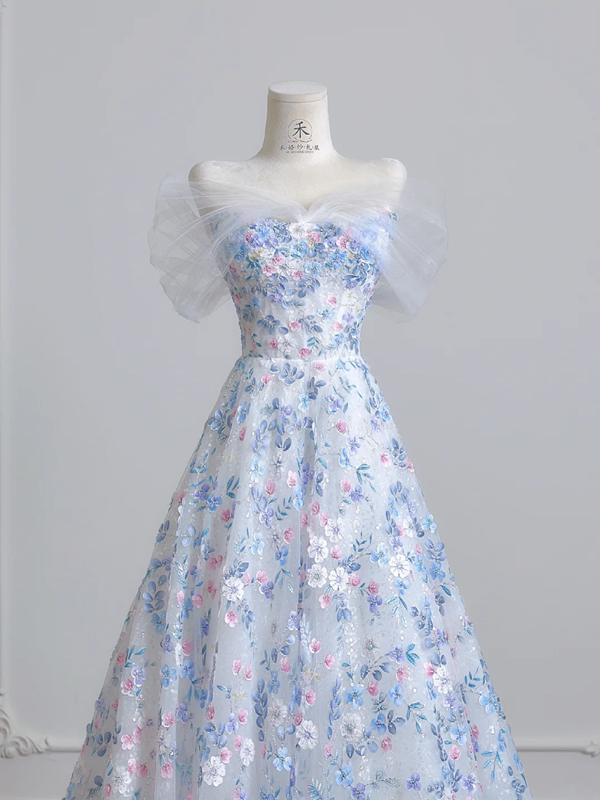 Light blue floral print fitted A-line skirt elegant ball gown, bridal dress R8221