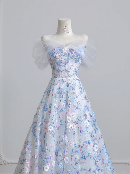 Light blue floral print fitted A-line skirt elegant ball gown, bridal dress R8221