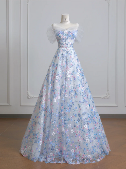Light blue floral print fitted A-line skirt elegant ball gown, bridal dress R8221