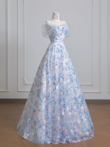 Light blue floral print fitted A-line skirt elegant ball gown, bridal dress R8221