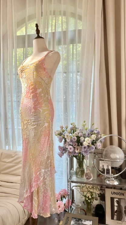 Pastel halter-neck fitted long ball gown for a sweet and girly look R7751