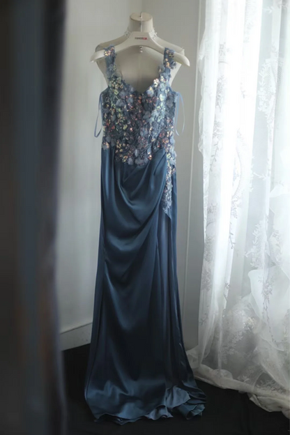 Retro light blue sequined halter-neck fitted long ball gown R6756