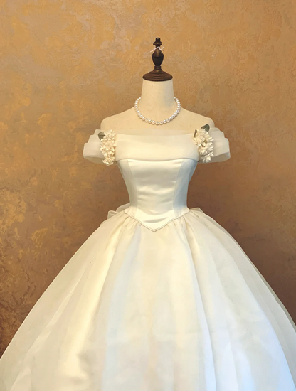 White Off-the-Shoulder Waist-Cinched Puffball Skirt Ball Gown, Bridal Gown R7362