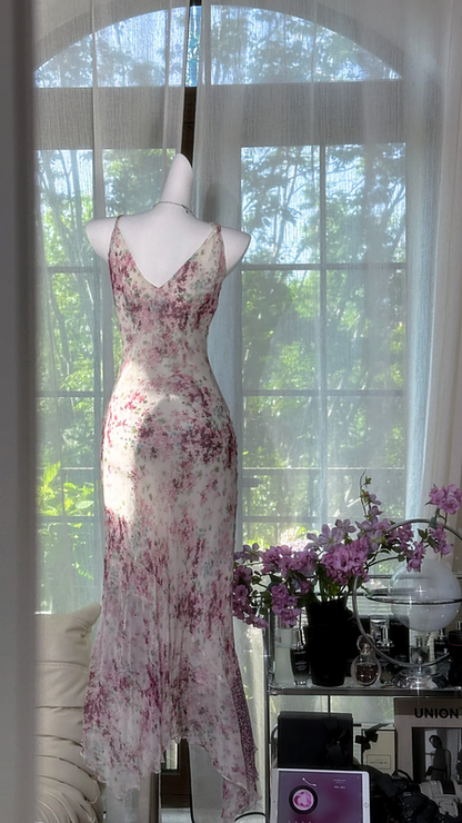 Light purple floral print halter-neck fitted bodycon long ball gown R7632