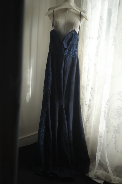 Navy blue halter-neck fitted waist bodycon sexy long ball gown R6717