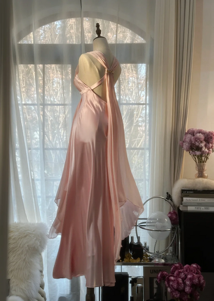 Light pink sleeveless fitted waist bodycon long ball gown R7712