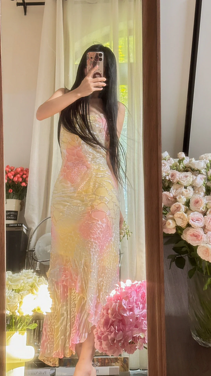 Pastel halter-neck fitted long ball gown for a sweet and girly look R7751