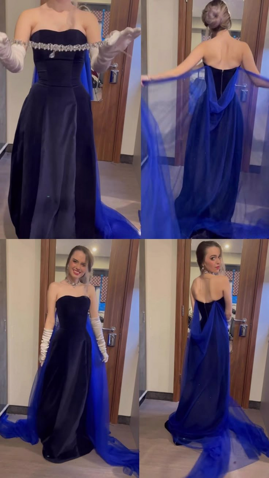 Navy Blue Strapless A-Line Satin Long Evening Party Dresses Birthday Outfits, D961