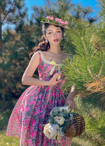 Pink floral suspenders slim waist A-line skirt homecoming dress R2895