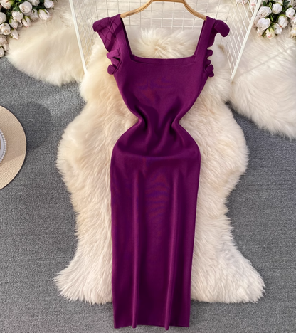 Flying sleeve suspender dress, elegant waist-length knitted hip-wrapped dress R0333
