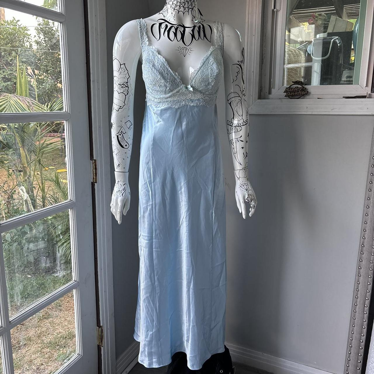 A line Spaghetti Straps Light Sky Blue Lace Long Prom Dresses Evening Dress fg8521