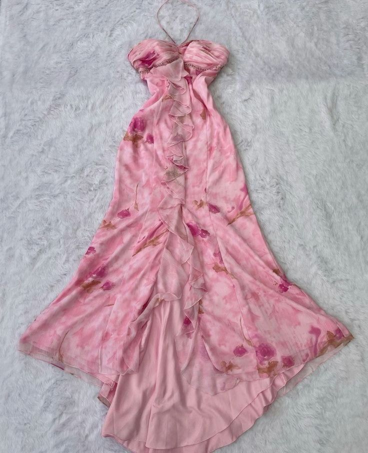 Mermaid Halter Pink Chiffon Floral Long Prom Dresses Evening Dress  fg8520