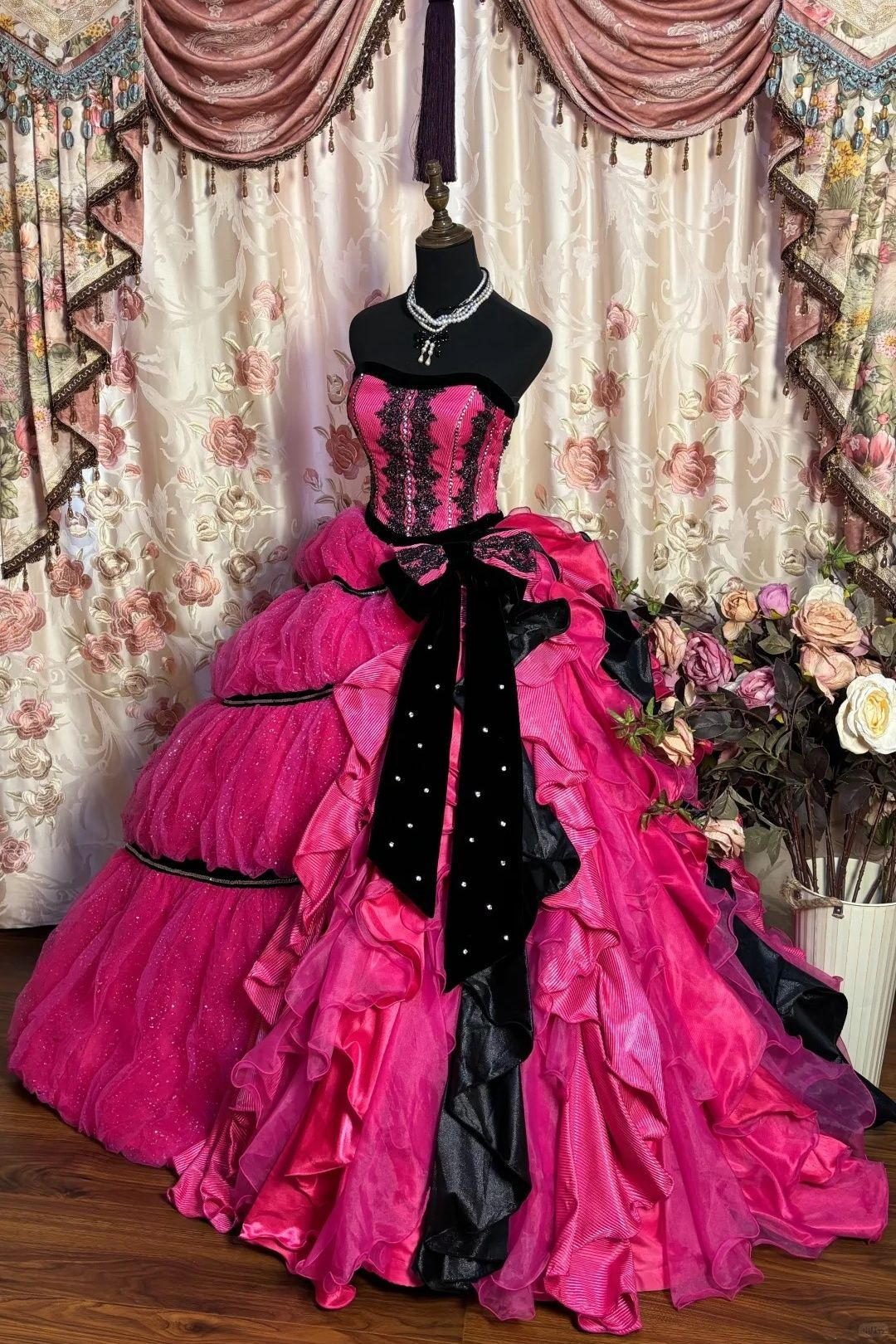 Retro Fuchsia Strapless A-Line Appliques Long Prom Dress Birthday Ball Gown, D769
