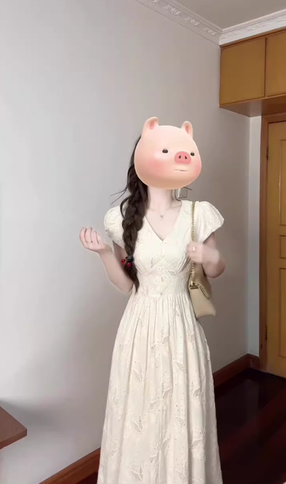Temperament white v-neck puff sleeve dress female 2025 new beautiful waist slimming a-line long skirt R0478