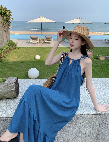 Bohemian retro blue white sling fishtail dress holiday style seaside beach dress sling dress long skirt R0196