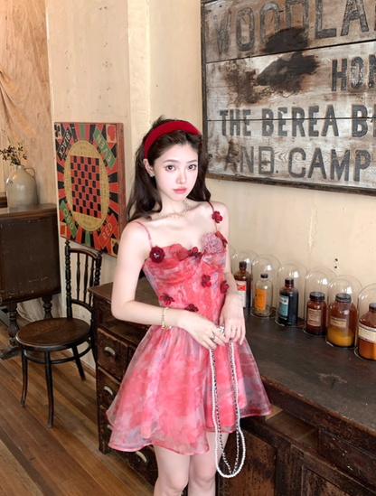 Red printed chiffon suspender dress women's summer French style waist skirt R4580