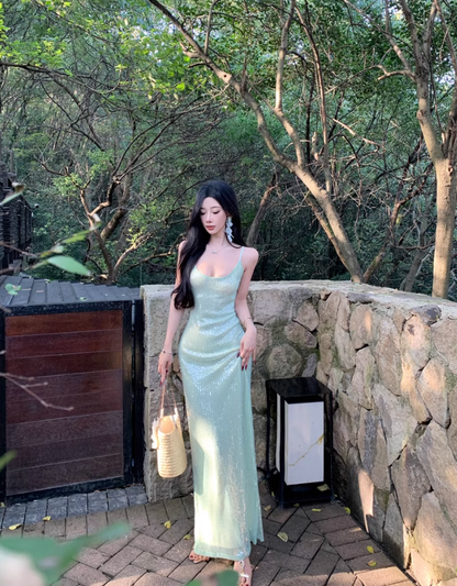 Seaside holiday style sexy backless suspender dress royal sister socialite high-end wear sequin dress R0482