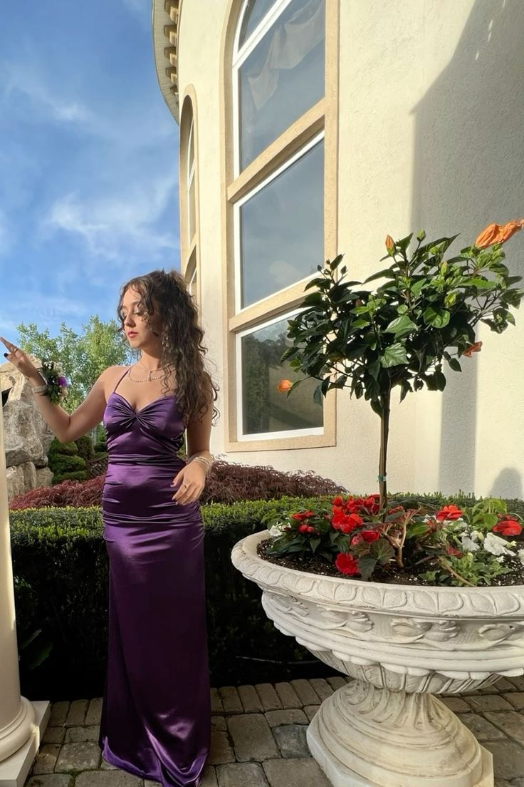 Stylish Halter Purple Satin Long Wedding Guest Dress Formal Party Dress Prom Gown