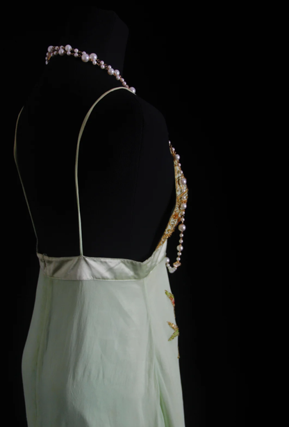 Classy Light Green Spaghetti Straps Chiffon Sequin Beaded Long Birthday Prom Dress Party Gown