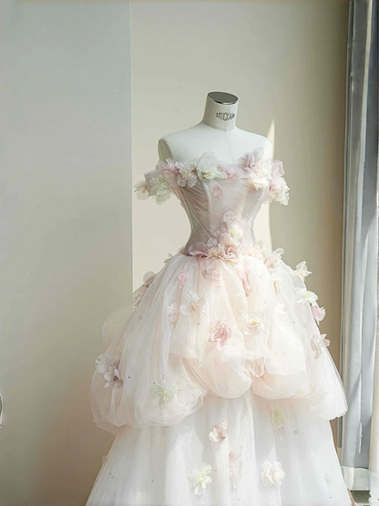 Pink tube top 3D flower waisted puffy maxi skirt, prom dress R5647