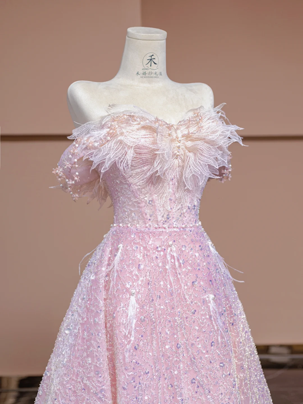 Light pink strapless, fitted waist, full skirt, long ball gown, bridal dress R8365