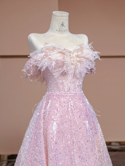 Light pink strapless, fitted waist, full skirt, long ball gown, bridal dress R8365