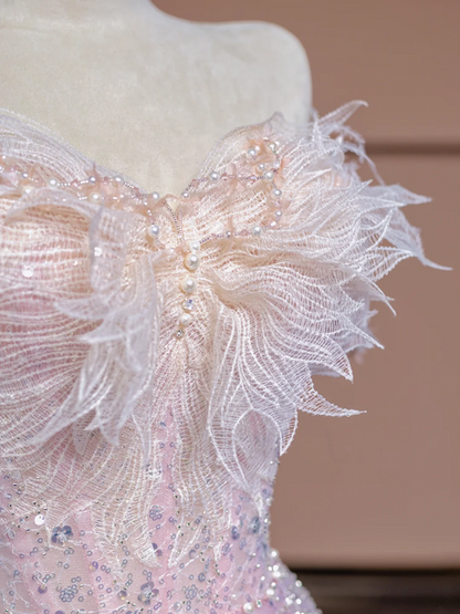 Light pink strapless, fitted waist, full skirt, long ball gown, bridal dress R8365