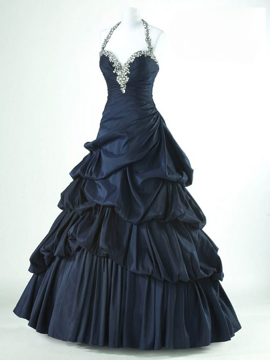 Dark Navy Halter Neck A-Line Beading Vintage Long Party Dress Evening Gown, D962