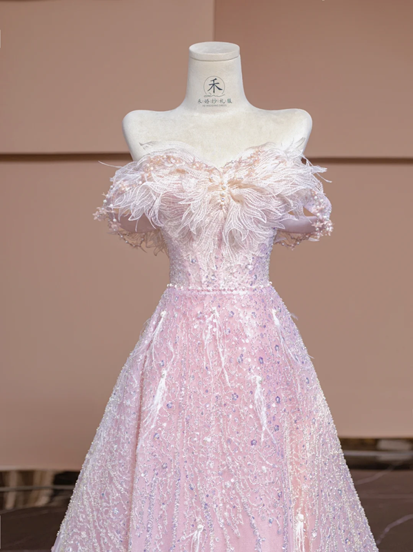 Light pink strapless, fitted waist, full skirt, long ball gown, bridal dress R8365