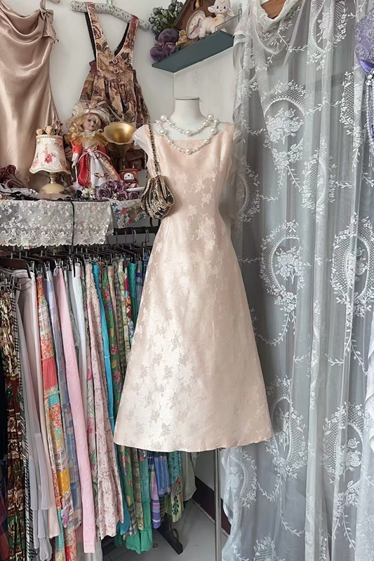 Light pink sleeveless fitted waist A-line long ball gown R7824