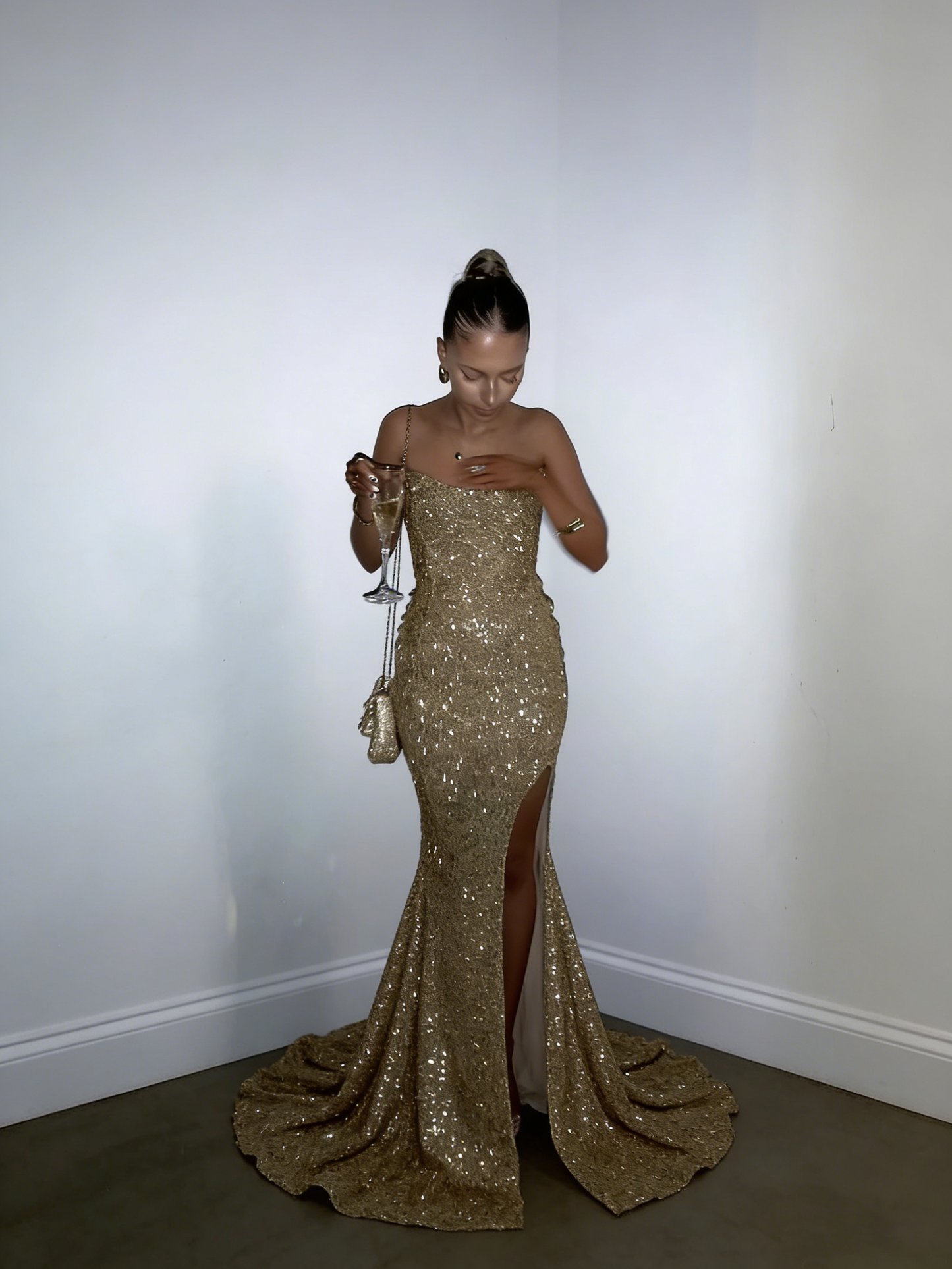Sparkly Gold Strapless Sequin Mermaid Prom Dress Slit Long Party Dress D1011
