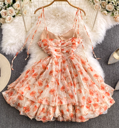 Pure and sweet chiffon lace with built-in chest pad orange sleeveless pullover A-line suspender dress R0364