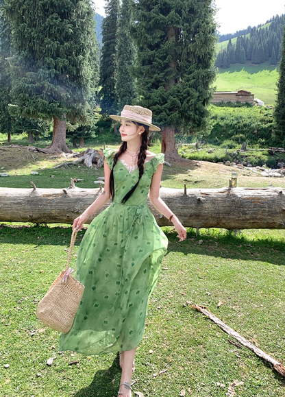 Green long v-neck small flying sleeve waist suspender dress summer temperament skirt R4906